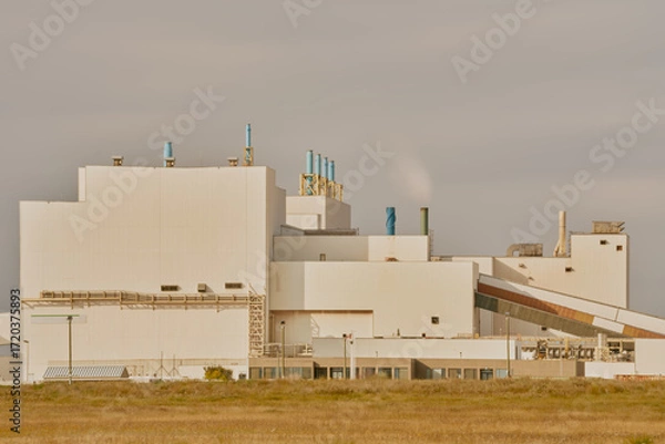 Fototapeta Modern industrial mining facility in Saskatchewan, Canada, featuring white factory buildings, conveyor systems, and a tall shaft tower against a cloudy sky with grassy foreground.