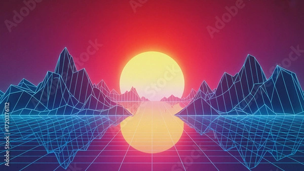 Fototapeta Vaporwave retro futuristic surreal landscape with neon wireframe mountains reflecting glowing sun horizon, dreamy synthwave abstract digital 80s style illustration background