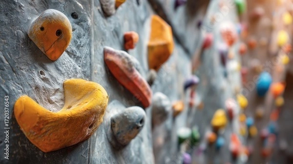 Fototapeta Rock climbing holds on an indoor gym wall with blurred background