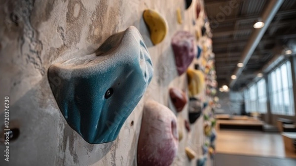 Fototapeta Close-up of a large blue climbing hold on an indoor wall