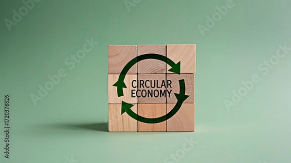 Fototapeta Circular economy concept with wooden blocks and arrows. 