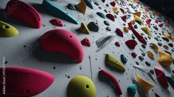 Fototapeta Colorful array of climbing holds bolted onto an indoor rock climbing wall