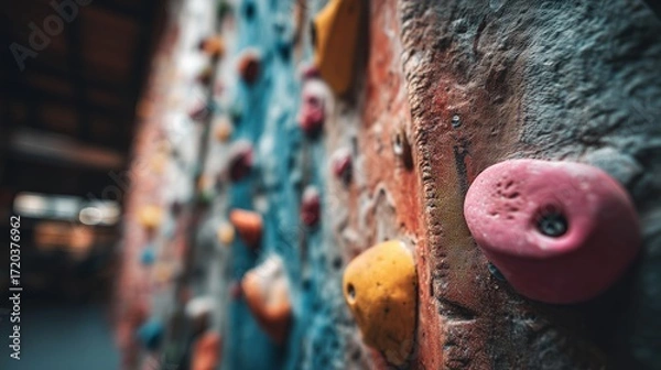 Fototapeta Rough, textured climbing wall with colorful, synthetic holds in an indoor gym