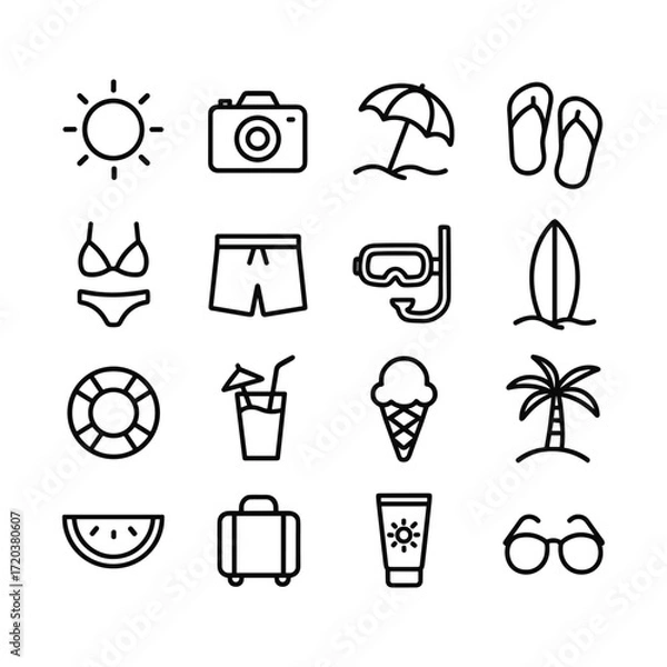 Fototapeta Summer beach activities vector icons. Outline symbols. Line design