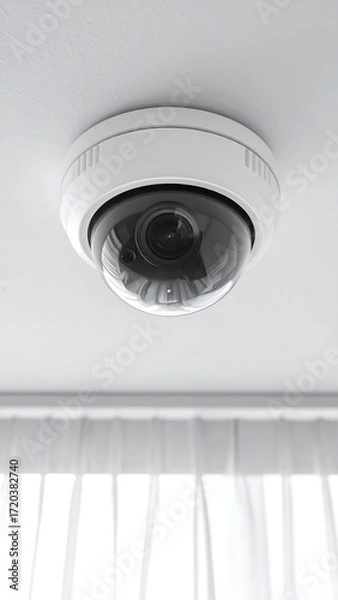 Obraz Security camera on a white ceiling with a white curtain