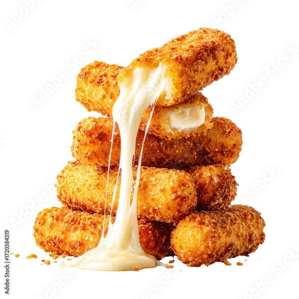 Fototapeta A stack of crispy, golden-brown mozzarella sticks with melted cheese dripping down. background removed