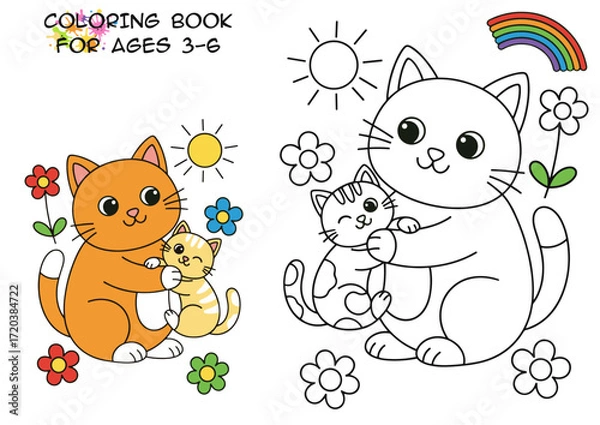 Obraz Colorful cats playing with kittens in a cheerful garden setting  