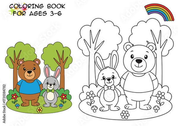 Obraz Coloring page of cats with flowers, sun, and rainbow for kids  