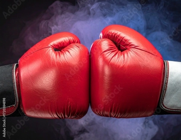 Fototapeta Close-up of two red boxing gloves facing each other against a dark smoky background, symbolizing competition and confrontation