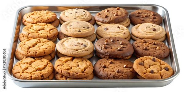 Fototapeta A variety of freshly baked cookies on a metal baking sheet isolated on transparent background, perfect for a sweet treat or dessert