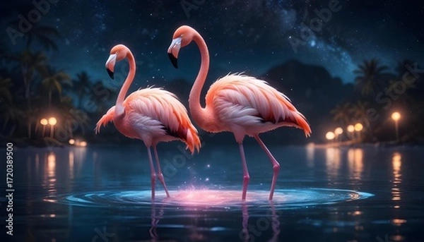 Fototapeta Flamingos in a serene lake at night