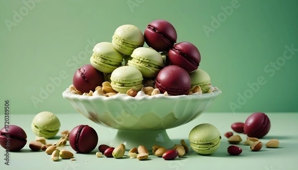Fototapeta Delicious macarons and nuts in a decorative bowl on a light green background.