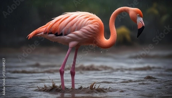 Fototapeta Flamingo wading in water under the rain