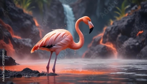 Fototapeta Flamingo in a surreal landscape with a waterfall and lava-like water.