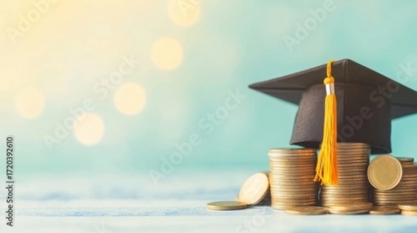 Fototapeta Graduation cap on stacks of coins symbolizing education and finances