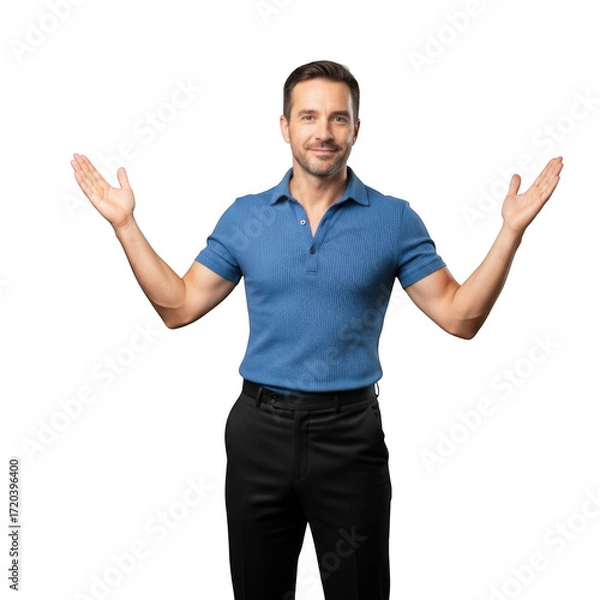 Fototapeta Man in blue shirt and black pants gesturing with open arms showing uncertainty or question