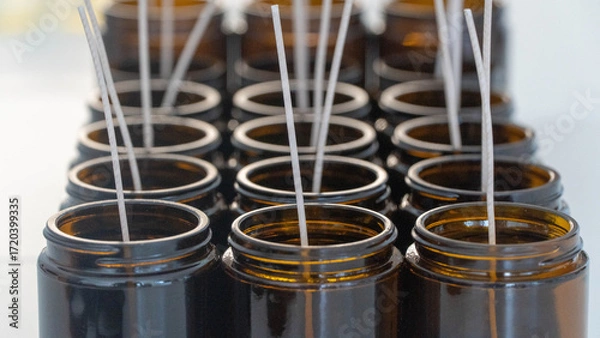 Obraz Rows of handcrafted candles with wicks in amber glass jars, ready for pouring.