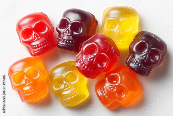 Fototapeta Group of skull-shaped gummy candies in various Halloween colors scattered on white background.