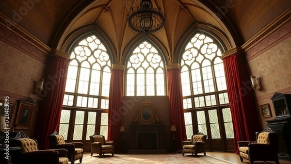 Fototapeta An opulent gothic-inspired living room with a vaulted ceiling and towering arched windows framed by