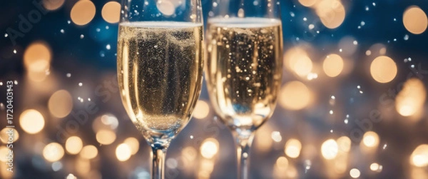 Fototapeta Abstract Celebration With Champagne Flutes With Defocused Christmas Lights In Blue Shiny Background