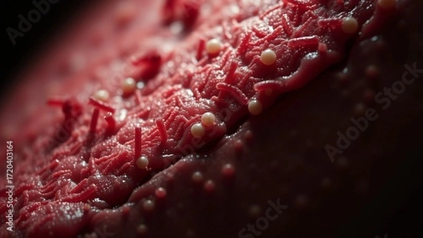 Fototapeta A vivid microscopic view showing harmful bacteria crawling into the cracks of the skin with an omino