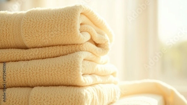 Fototapeta A stack of fluffy vividly detailed towels basking in bright sunlight with no moisture or stains visi