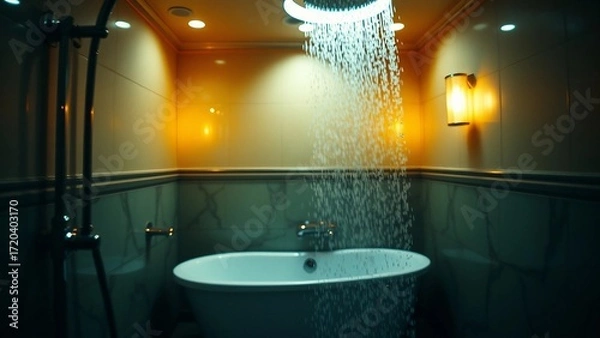 Fototapeta A sparkling luxurious bathroom with golden lighting transforms into a darker eerie setting with visi