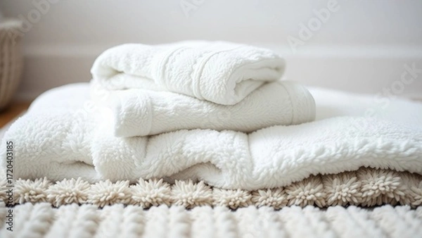 Fototapeta A set of fluffy soft white towels and a cozy light gray rug adds texture and warmth while the soft t