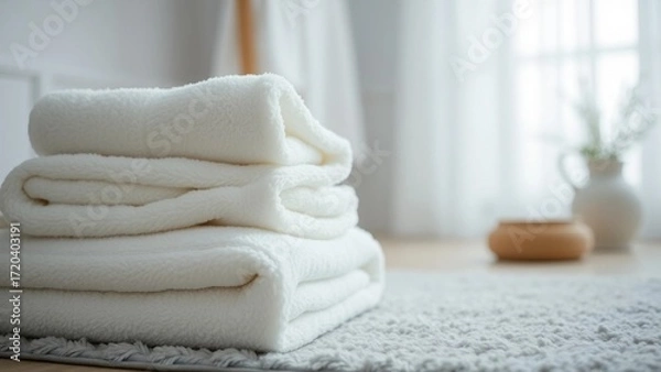 Fototapeta A set of fluffy soft white towels and a cozy light gray rug adds texture and warmth while the soft t