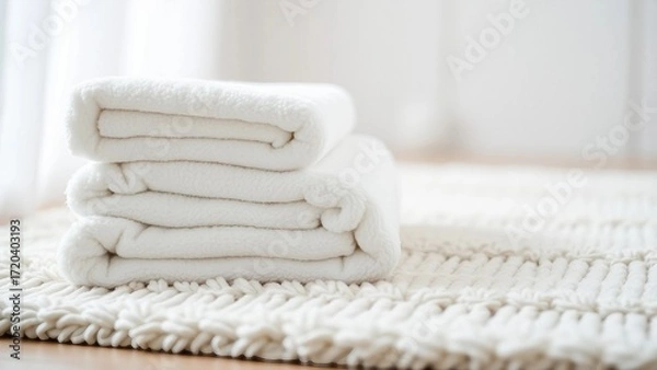 Fototapeta A set of fluffy soft white towels and a cozy light gray rug adds texture and warmth while the soft t