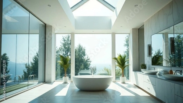 Fototapeta A luxurious bathroom interior design featuring large windows that stretch from floor to ceiling or s