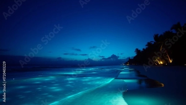Fototapeta A mesmerizing nocturnal tropical beachscape bathed in the soft ethereal glow of radiant blue biolumi