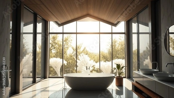 Fototapeta A luxurious bathroom interior design featuring large windows that stretch from floor to ceiling or s