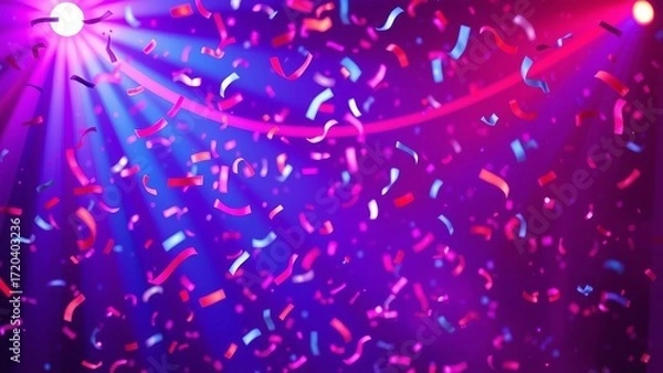 Fototapeta A festive and colorful party with flying neon confetti on a purple red and blue background