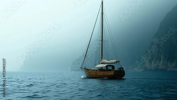 Fototapeta A dramatic mist-shrouded of a solitary weathered sailboat with worn wooden hull and frayed sails slo