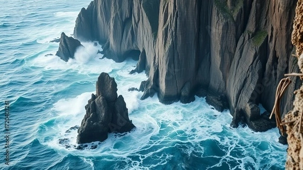 Fototapeta A breathtaking of towering rugged cliffs with sharp angular rock formations ascending dramatically f