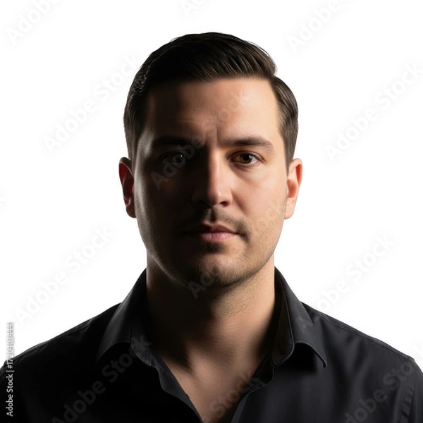 Fototapeta Dramatic portrait of a man with intense gaze and shadowed face lighting