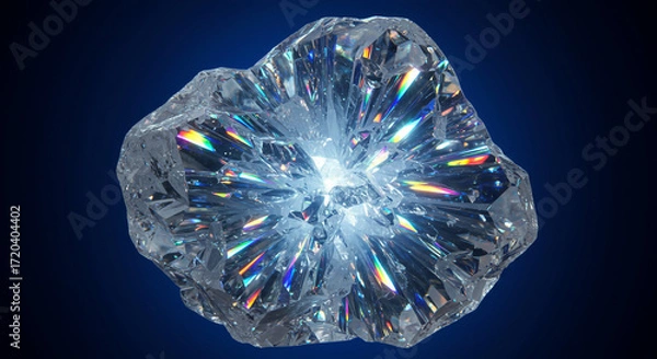 Fototapeta Uncut diamond gemstone with internal refraction on a dark blue background