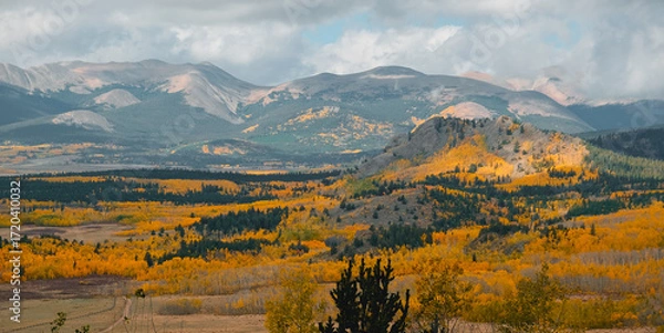 Fototapeta Autumn mountain landscape with golden trees and colorful forest in valley, scenic wilderness view under cloudy sky
