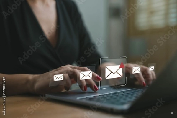 Fototapeta Businesswoman typing on laptop with floating email icons, digital communication and online messaging concept, modern technology for business correspondence and email marketing strategy.