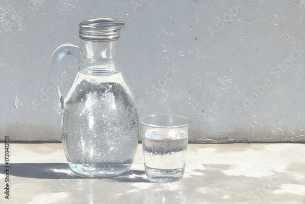 Obraz Elegant glass pitcher filled with crystal clear water beside a refreshing glass on a soft textured backdrop capturing the essence of hydration and simplicity in design