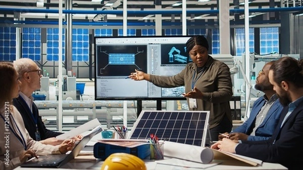 Fototapeta Factory research and development division scientists collaborate to test nanomaterials for next generation solar panels, aiming for breakthroughs in durability and performance, camera A