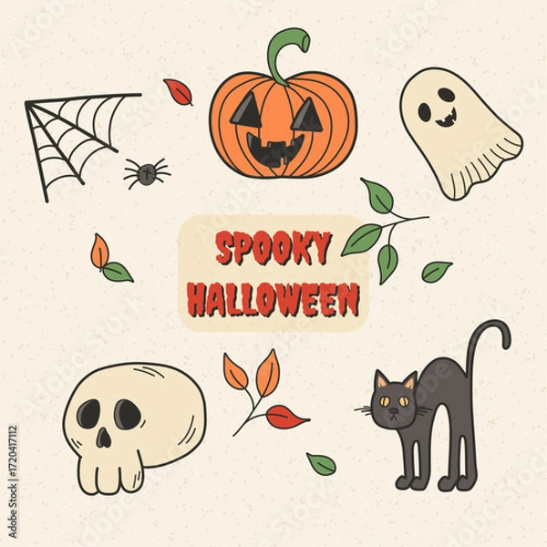 Fototapeta Happy Halloween element set, background vector. Cute groovy spooky ghost, pumpkin, skull, spider, web, black cat. Hand drawn adorable  festival illustration in doodle style for decoration, prints. 