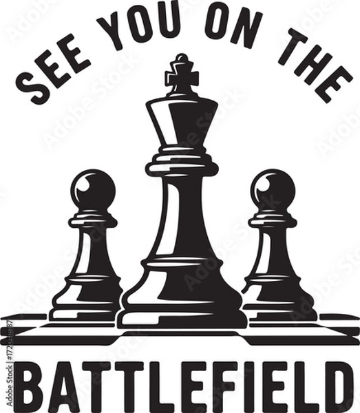 Fototapeta See you on the battlefield chess king and pawns strategic game design emblem emblematic symbol of competition and victory in abstract strategy isolated on transparent background