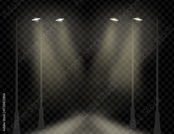 Fototapeta Street lamps, road and park lighting on a transparent background. Lighting for roads, highways, parks, paths, and sidewalks. Vector illustration.