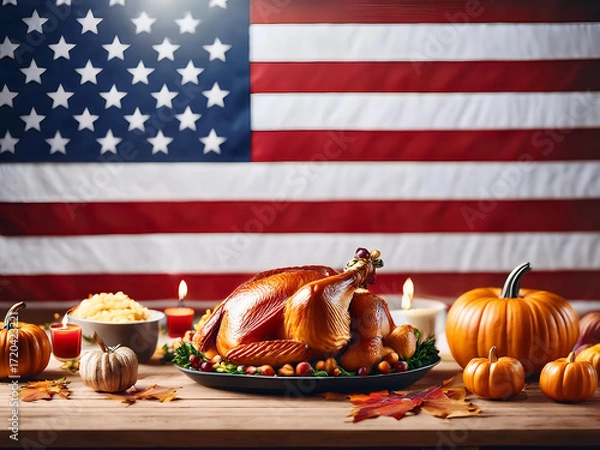 Fototapeta Thanksgiving Dinner with a Turkey and Vegetables