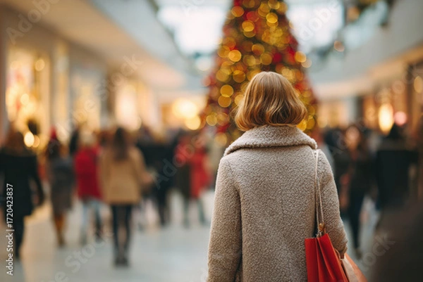 Obraz lively american shopping mall adorned with massive christmas tree decorated with twinkling lights