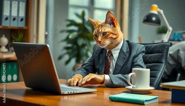 Fototapeta Cat in a suit sitting at a desk working on a laptop with a coffee cup in an office setting Generative AI