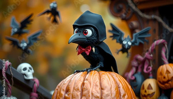 Fototapeta Cute black crow character on a pumpkin with spooky decorations during Halloween season in a festive outdoor setting Generative AI