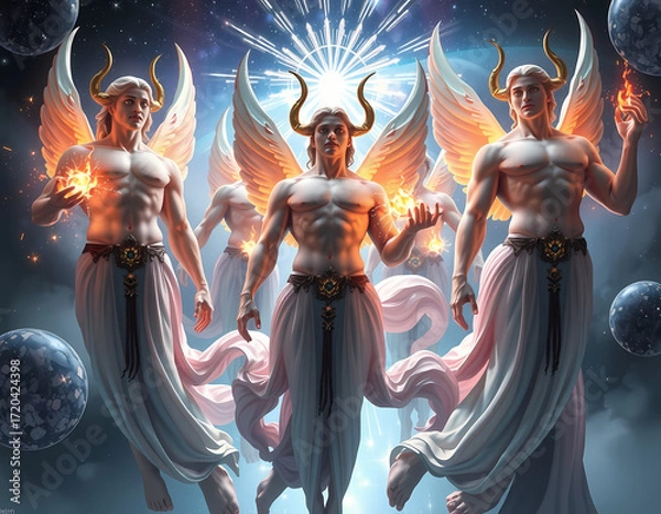 Fototapeta Angels with glowing wings and fire in hands appear in a cosmic setting, surrounded by planets and radiant light Generative AI